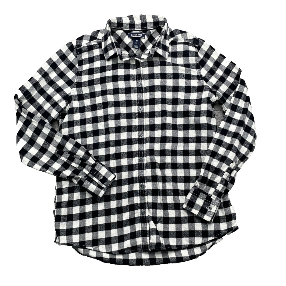 Lands End Flannel Shirt Youth 10 Black Plaid Outdoor Camping Western Workwear